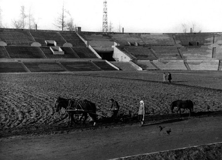 Unknown author.
“Spring sowing”. Preparation of football field of “Dynamo” stadium after reconstruction. Moscow. 
1935. 
From “Dynamo” society museum archive
